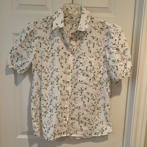 Athena White Floral Top with Green Leaves Cottagecore